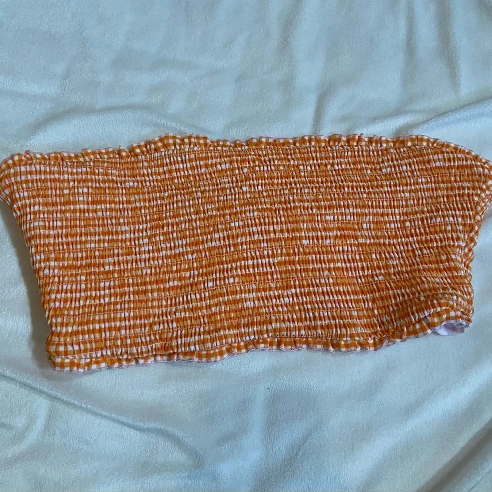 New! Frankie's Bikinis Iris Orange White Gingham Bandeau bikini Top 1582